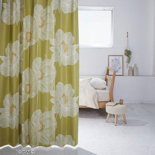 【Disney ディズニー】大胆なアネモネがエレガントな雰囲気の遮光カーテン MICKEY Okii anemone - ミッキー オオキイアネモネ イエローグリーン