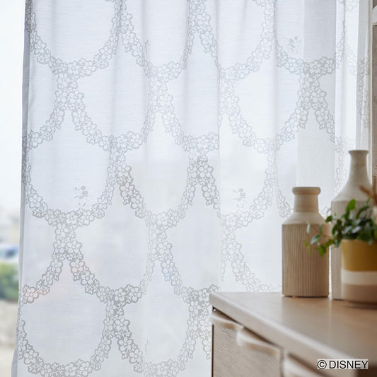 【Disney】小花リースの中で遊ぶミッキーがエレガントボイルレースカーテン MICKEY Flower wreath - ミッキー フラワーリース ホワイト 幅100×丈133~198cm(1枚入)