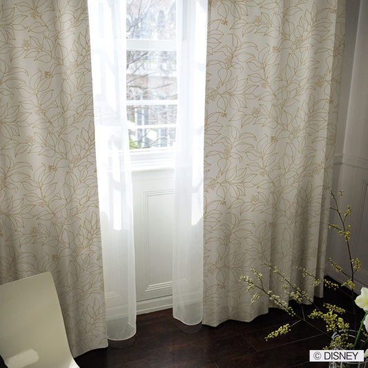 【Disney】パール顔料の線画のリーフ柄が煌びやかな2級遮光カーテン MICKY Slip leaf - ミッキー スリップリーフ ゴールド 幅100×丈135~200cm(1枚入)