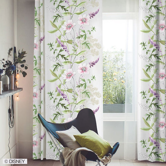 【Disney ディズニー】野原に咲くハーブなどの野草をモチーフで華やかな2級遮光カーテン MICKY Wild Flower - ミッキー ワイルドフラワー アイボリー