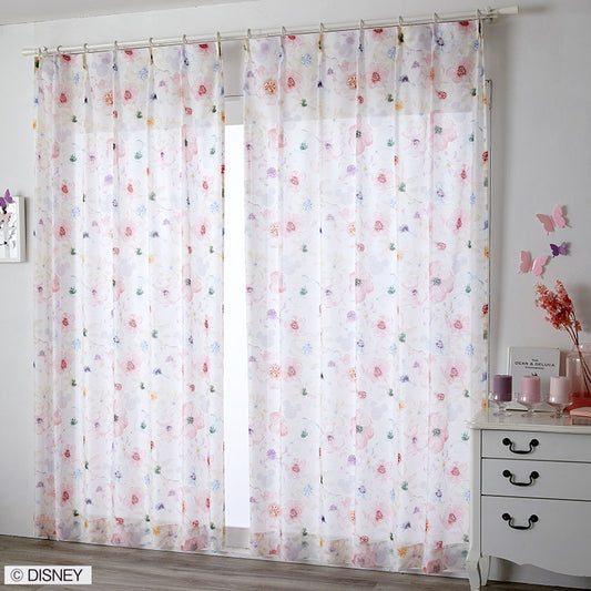 【Disney】光を浴びると優しく透けるフェミニンな花柄のボイルレースカーテン MICKEY Aroma - ミッキー アロマ ローズ 幅100×丈133~198cm(1枚入)