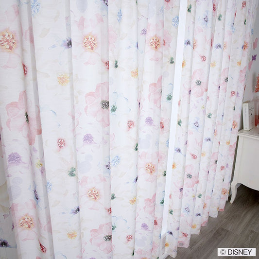 【Disney】光を浴びると優しく透けるフェミニンな花柄のボイルレースカーテン MICKEY Aroma - ミッキー アロマ ローズ