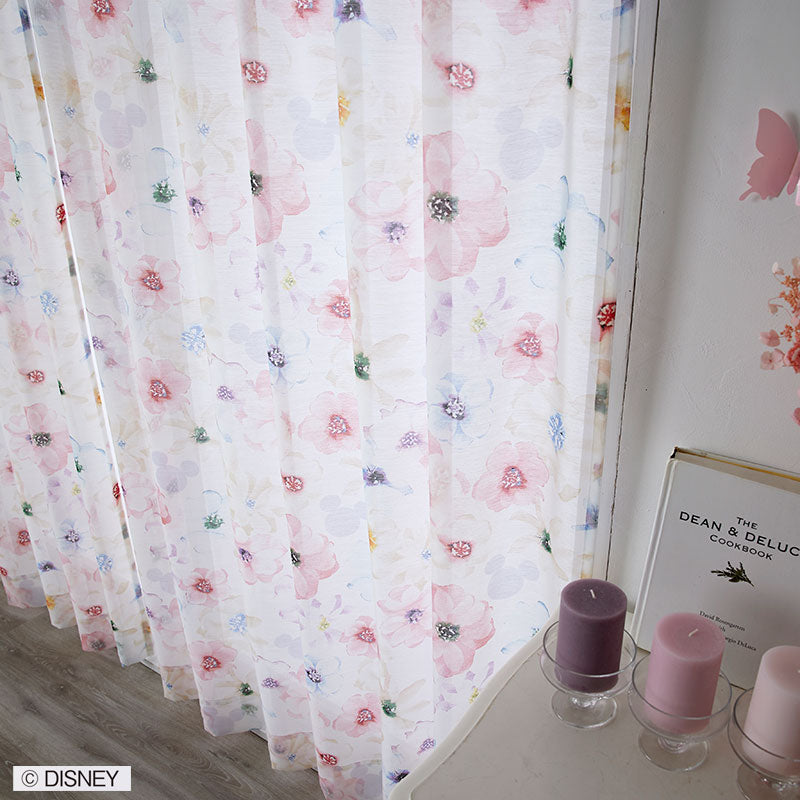 【Disney】光を浴びると優しく透けるフェミニンな花柄のボイルレースカーテン MICKEY Aroma - ミッキー アロマ ローズ 幅100×丈133~198cm(1枚入)