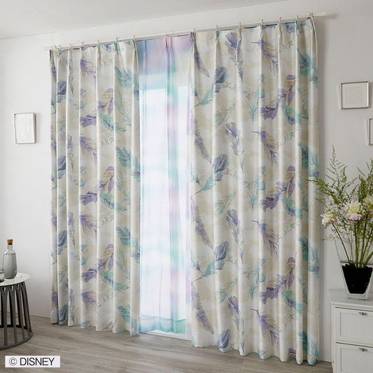【Disney ディズニー】水彩タッチの軽やかな羽が舞うエレガントなデザインの2級遮光カーテン MICKY Fran - ミッキー フラン ブルーグリーン