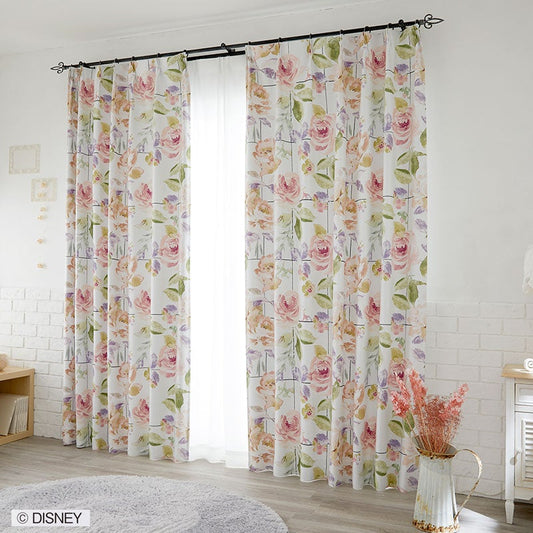 【Disney ディズニー】バラの花に黒いグリッドが効いた甘辛MIXなデザインの2級遮光カーテン MICKY Rose grid - ミッキー ローズグリッド アイボリー