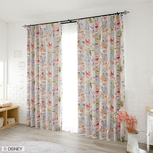 【Disney】バラの花に黒いグリッドが効いた甘辛MIXなデザインの2級遮光カーテン MICKY Rose grid - ミッキー ローズグリッド ブルーグリーン 幅100×丈135~200cm(1枚入)