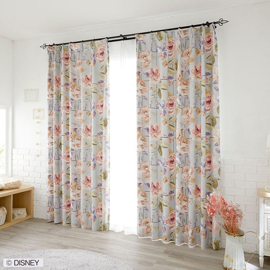 【Disney ディズニー】バラの花に黒いグリッドが効いた甘辛MIXなデザインの2級遮光カーテン MICKY Rose grid - ミッキー ローズグリッド ブルーグリーン