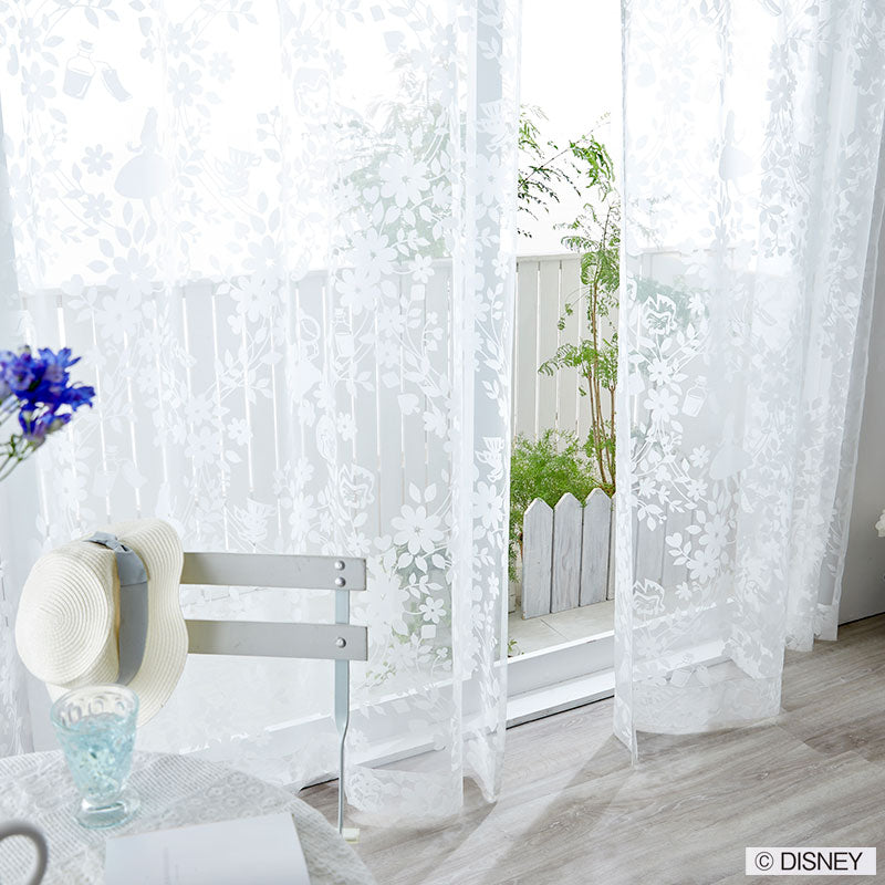 【Disney】アリスとチェシャ猫、時計ウサギが隠れたボイルレースカーテン ALICE Sweet Flower Voile - アリス スウィートフラワーボイル ホワイト 幅100×丈133~198cm(1枚入)