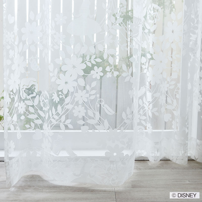 【Disney】アリスとチェシャ猫、時計ウサギが隠れたボイルレースカーテン ALICE Sweet Flower Voile - アリス スウィートフラワーボイル ホワイト 幅100×丈133~198cm(1枚入)