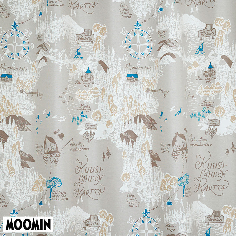 【MOOMIN ムーミン】ムーミン谷の地図 地図の中で個性溢れるキャラクターたちが楽しそうに暮らす情景が描かれた遮光カーテン グレー