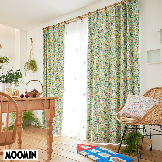 【MOOMIN ムーミン】KOBANA drape コバナ ドレープ お部屋を明るい印象にしてくれる多色感のある小花柄によく見たらムーミンと仲間たちがいっぱい遮光カーテン グリーン 幅100×丈135~200cm(1枚入)