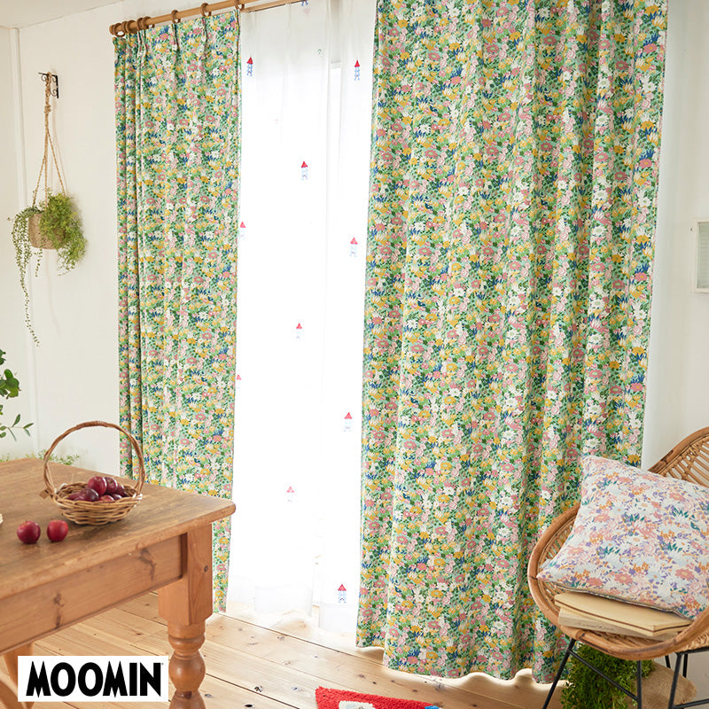 【MOOMIN ムーミン】KOBANA drape コバナ ドレープ お部屋を明るい印象にしてくれる多色感のある小花柄によく見たらムーミンと仲間たちがいっぱい遮光カーテン グリーン(1枚入)