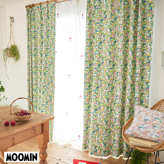 【MOOMIN ムーミン】KOBANA drape コバナ ドレープ お部屋を明るい印象にしてくれる多色感のある小花柄によく見たらムーミンと仲間たちがいっぱい遮光カーテン グリーン 幅100×丈135~200cm(1枚入)