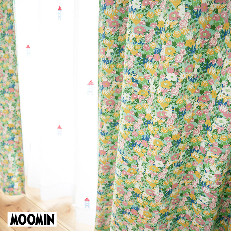 【MOOMIN ムーミン】KOBANA drape コバナ ドレープ お部屋を明るい印象にしてくれる多色感のある小花柄によく見たらムーミンと仲間たちがいっぱい遮光カーテン グリーン(1枚入)