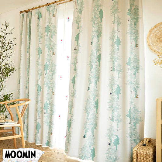 【MOOMIN ムーミン】PUUT drape プート ドレープ ムーミンと仲間たちが繊細なタッチの木々に隠れた北欧ナチュラル遮光カーテン ライトブルーグリーン