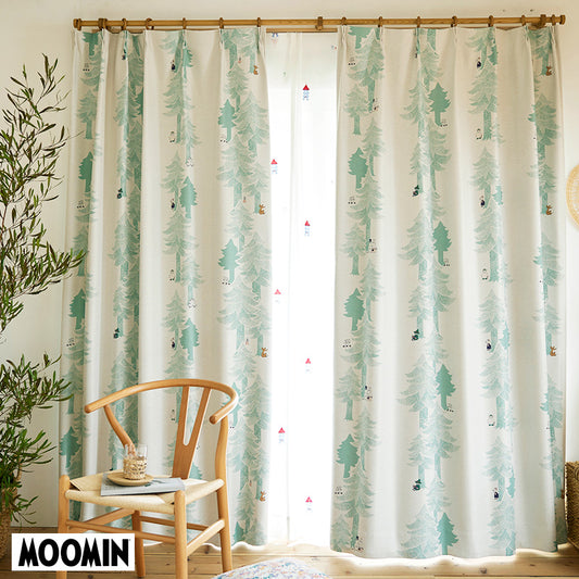 【MOOMIN ムーミン】PUUT drape プート ドレープ ムーミンと仲間たちが繊細なタッチの木々に隠れた北欧ナチュラル遮光カーテン ライトブルーグリーン 幅100×丈135~200cm(1枚入)
