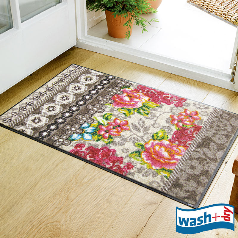 室内・屋外どちらでも使える機能性と丈夫さが魅力の玄関マット 50×75cm 75×120cm wash+dry(ウォッシュ アンド ドライ) Romance ベージュ