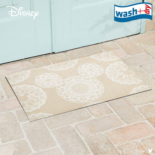 室内・屋外どちらでも使える機能性と丈夫さが魅力の洗える玄関マット 50×75cm wash+dry(ウォッシュ アンド ドライ) Mickey/ミッキー レース ベージュ