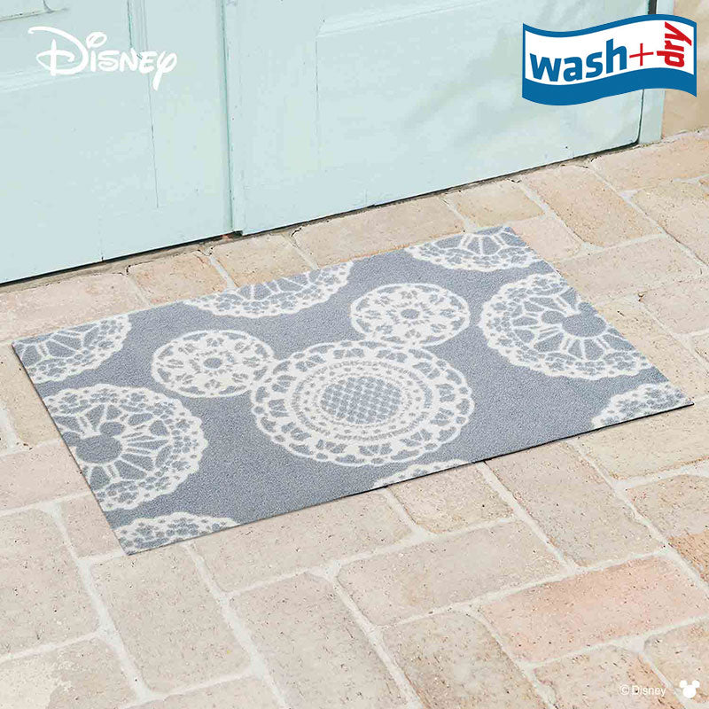 室内・屋外どちらでも使える機能性と丈夫さが魅力の洗える玄関マット 50×75cm wash+dry(ウォッシュ アンド ドライ) Mickey/ミッキー レース グレー