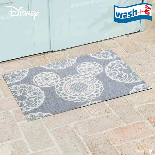 室内・屋外どちらでも使える機能性と丈夫さが魅力の洗える玄関マット 60×90cm wash+dry(ウォッシュ アンド ドライ) Mickey/ミッキー レース グレー