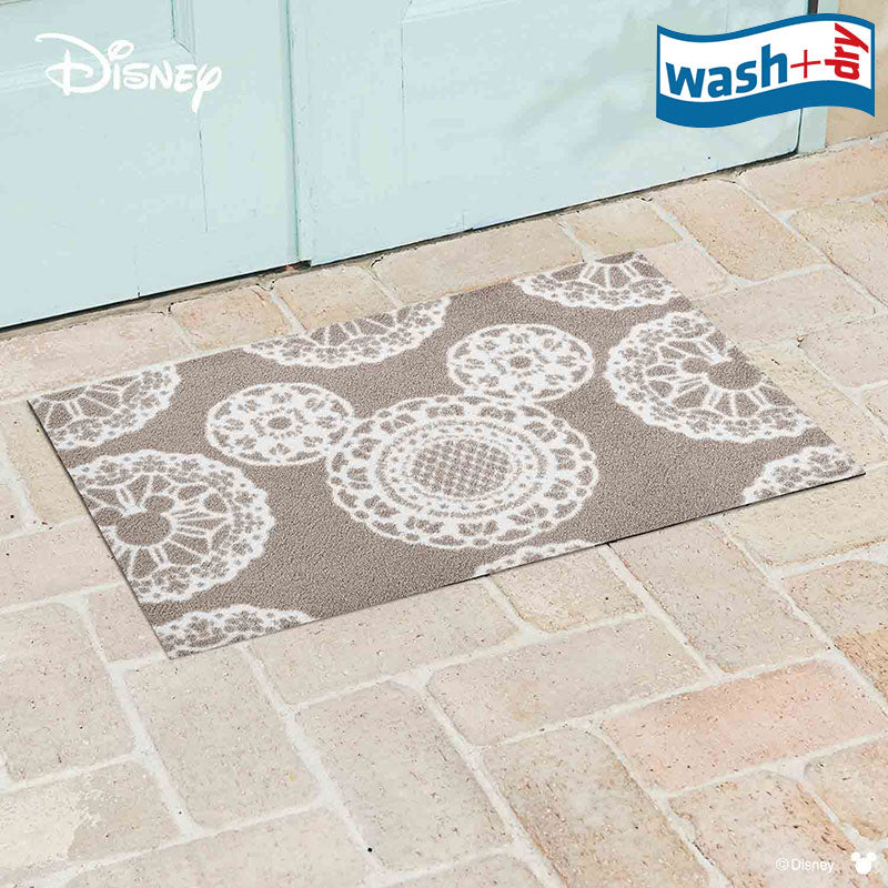 室内・屋外どちらでも使える機能性と丈夫さが魅力の洗える玄関マット 60×90cm wash+dry(ウォッシュ アンド ドライ) Mickey/ミッキー レース グレージュ
