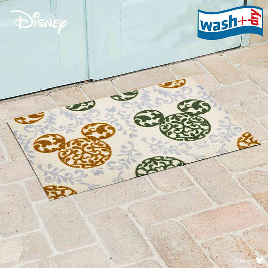 室内・屋外どちらでも使える機能性と丈夫さが魅力の洗える玄関マット 60×90cm wash+dry(ウォッシュ アンド ドライ) Mickey/ミッキー ロココ調 グリーン