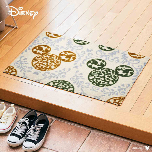 室内・屋外どちらでも使える機能性と丈夫さが魅力の洗える玄関マット 60×90cm wash+dry(ウォッシュ アンド ドライ) Mickey/ミッキー ロココ調 グリーン