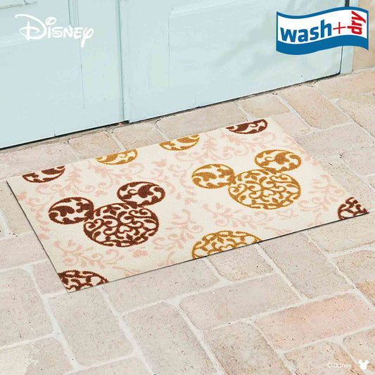 室内・屋外どちらでも使える機能性と丈夫さが魅力の洗える玄関マット 50×75cm wash+dry(ウォッシュ アンド ドライ) Mickey/ミッキー ロココ調 ブラウン