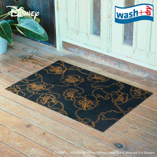 室内・屋外どちらでも使える機能性と丈夫さが魅力の洗える玄関マット 75×120cm wash+dry(ウォッシュ アンド ドライ) Phoo/くまのプーさん アネモネ ブラック