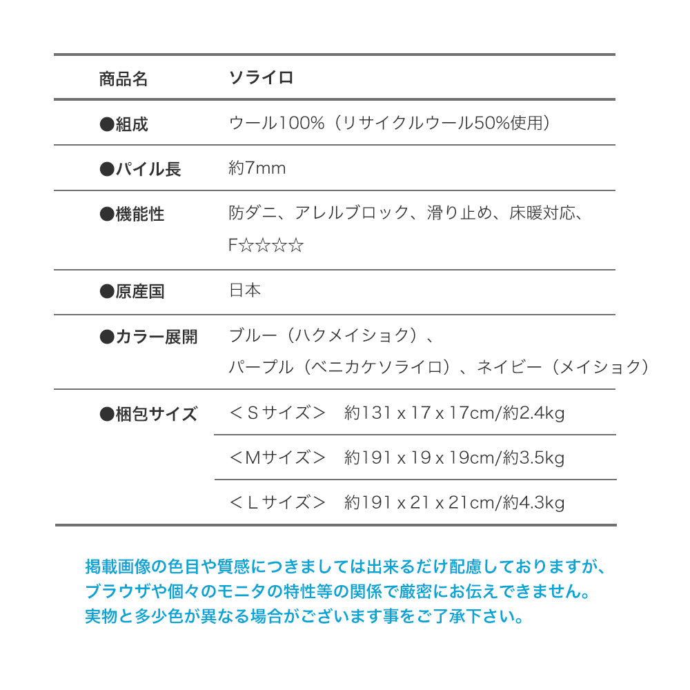 日本製防ダニ加工のついたアレルブロックウール100%グラデーションラグ ソライロ
