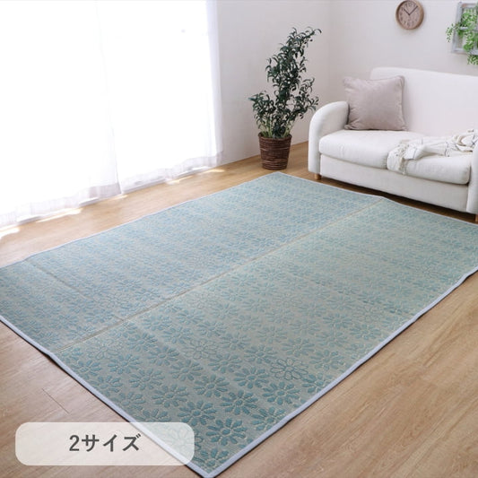 花柄 モダン い草ラグ 花ござ ブルー　滑り止め付