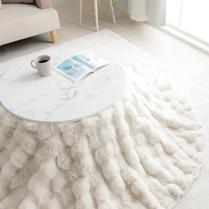 こたつ布団 円形 丸 こたつ掛布団 こたつ掛け毛布 洗える おしゃれ かわいい コタツ布団 白 フェイクファー フランネル 省エネ 韓国インテリア 海外風 新生活 北欧 姫系 ふわふわ アイボリー 約185cm丸 洗える円形薄掛こたつ布団　