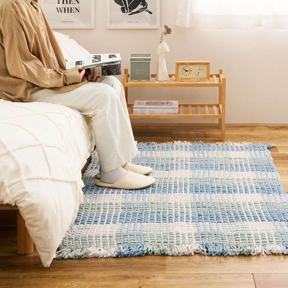 ワッフル風ラグ チェック柄 綿 ポリエステル 洗える ナチュラル 北欧 エルフ 100×140cm 130×190cm