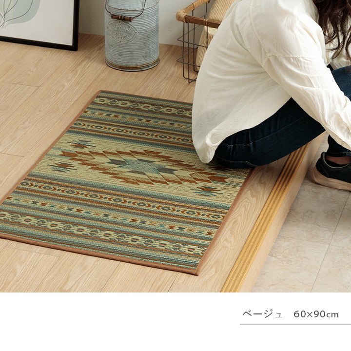 純国産 ずれにくい 消臭効果のあるさらさらキリム柄い草玄関マット 『Ｆピオス』 60×90cm 70×120cm