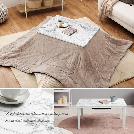 おしゃれで可愛い大理石柄のこたつテーブル。コンパクトでひとり暮らしのお部屋でも置きやすいサイズのカジュアルコタツ　幅75cm