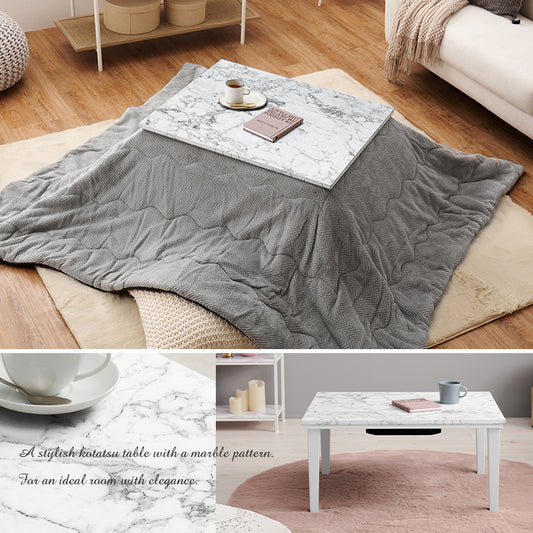 おしゃれで可愛い大理石柄のコンパクトこたつ。なめらかな肌触りのかさばらない掛け布団セット 　こたつ＋うす掛け布団　２点セット 幅75cm