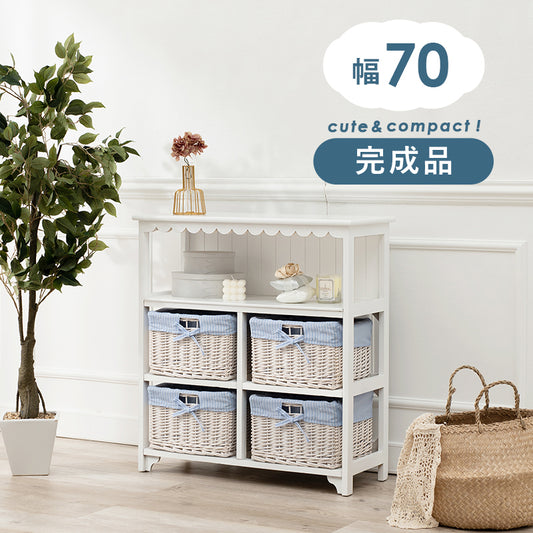 まるでフリルが付いたようなデザインが可愛いデザインのキャビネット｡内布付きバスケット4つ付き (約)幅70×奥行30×高さ75cm