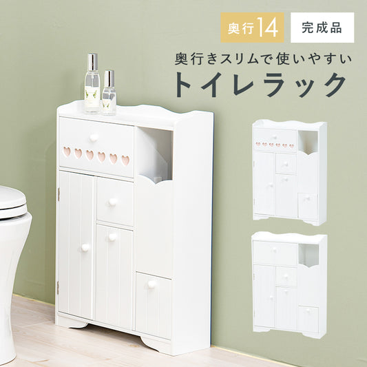ペーパーロールやお掃除ブラシなどを清潔スッキリ収納できる清潔なホワイト色の大容量トイレラック（ホワイト）(約)幅45×奥行14×高さ63cm