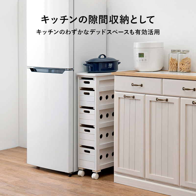 ストッカー 幅20㎝ タイル天板 木製 ナチュラル キャスター付き