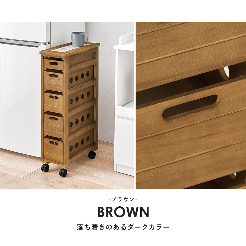 ストッカー 幅20㎝ タイル天板 木製 ナチュラル キャスター付き