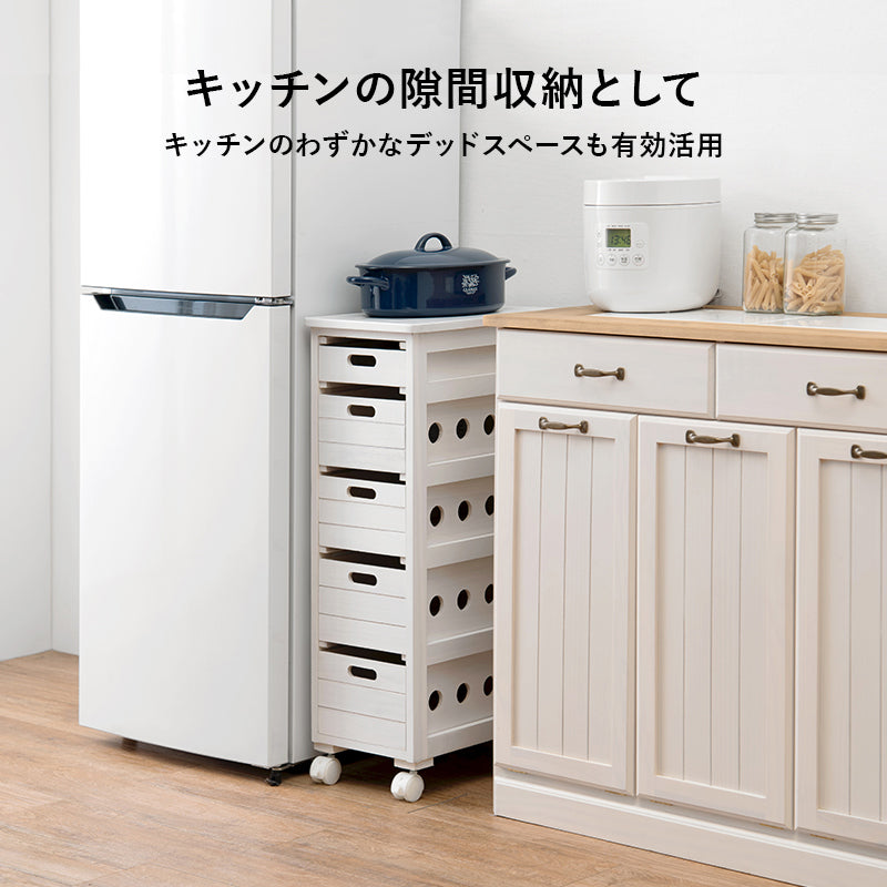 ストッカー 幅25㎝ タイル天板 木製 ナチュラル キャスター付き 5杯 引き出し