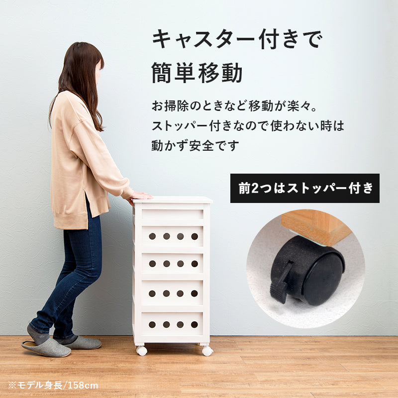 ストッカー 幅25㎝ タイル天板 木製 ナチュラル キャスター付き 5杯 引き出し