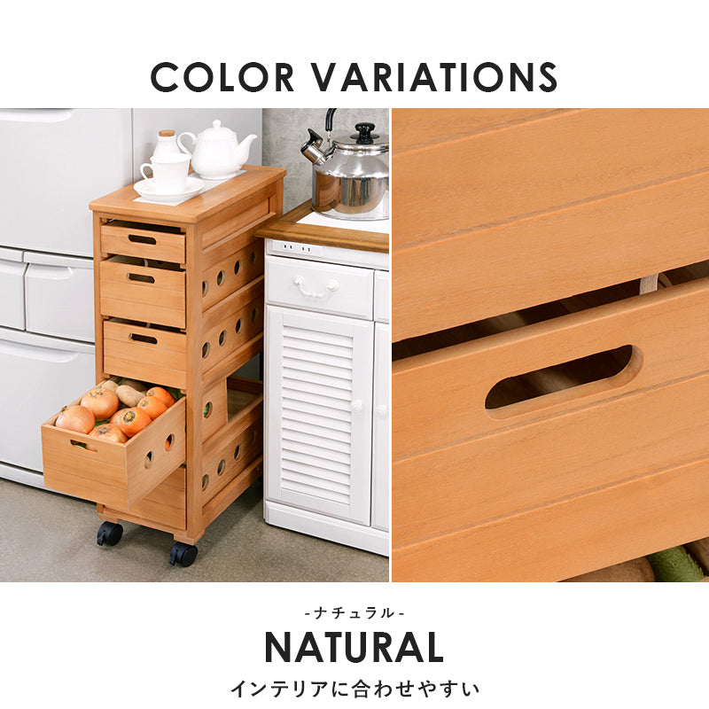 ストッカー 幅25㎝ タイル天板 木製 ナチュラル キャスター付き 5杯 引き出し