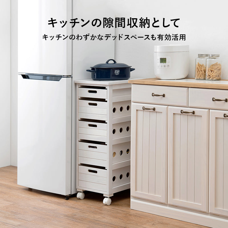 ストッカー 幅30㎝ タイル天板 木製 ナチュラル キャスター付き 5杯 引き出し