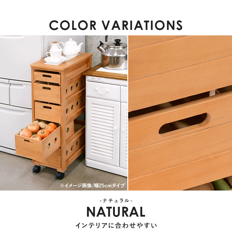 ストッカー 幅30㎝ タイル天板 木製 ナチュラル キャスター付き 5杯 引き出し
