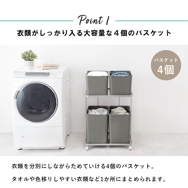 ランドリーラック バスケットは持ち運べて便利 キャスター付収納ボックス  バスケットタイプ 幅60×奥行40cm 4個タイプ