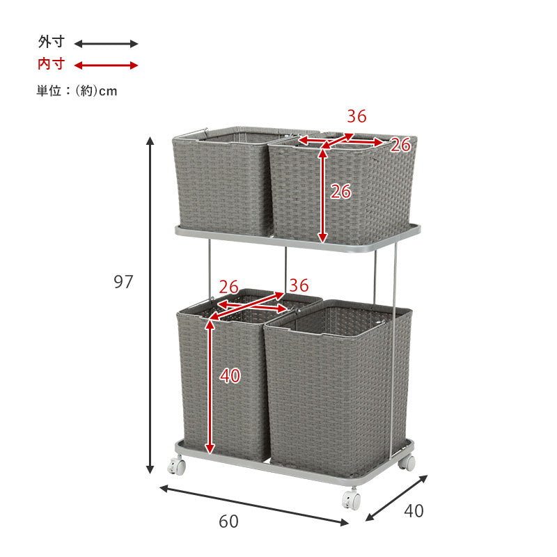 ランドリーラック バスケットは持ち運べて便利 キャスター付収納ボックス  バスケットタイプ 幅60×奥行40cm 4個タイプ