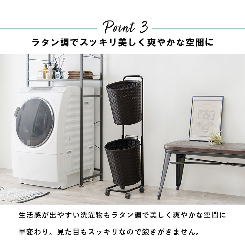 ランドリーラック 縦型 バスケットは持ち運べて便利 キャスター付収納ボックス  バスケットタイプ 幅30×奥行40cm 2個タイプ