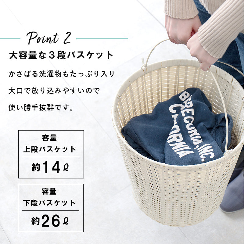 ランドリーラック 縦型 バスケットは持ち運べて便利 キャスター付収納ボックス  バスケットタイプ 幅30×奥行40cm 3個タイプ