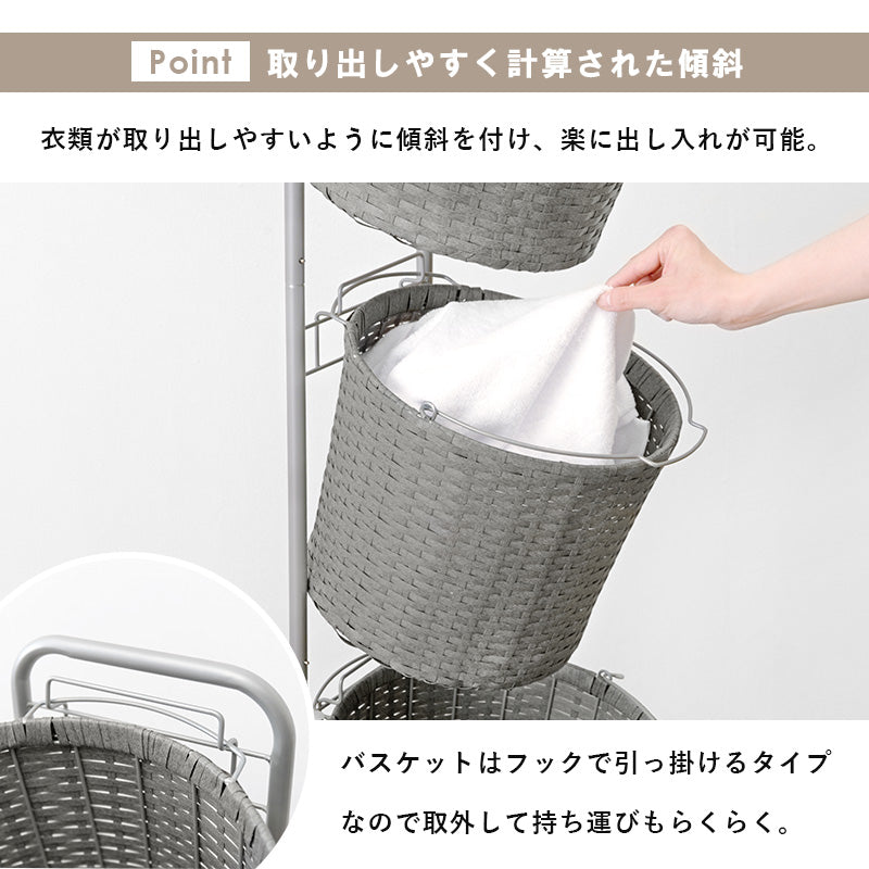 ランドリーラック 縦型 バスケットは持ち運べて便利 キャスター付収納ボックス  バスケットタイプ 幅30×奥行40cm 3個タイプ